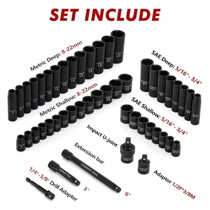 CASOMAN 3/8" Drive Impact Socket Set, 49 Piece Standard SAE and Metric Sizes (5/16-Inch to 3/4-Inch and 8-22 mm), 6 Point, Cr-V Steel Socket Set - size: ‎3/8"Drive 48pcs Impact Master Socket Set