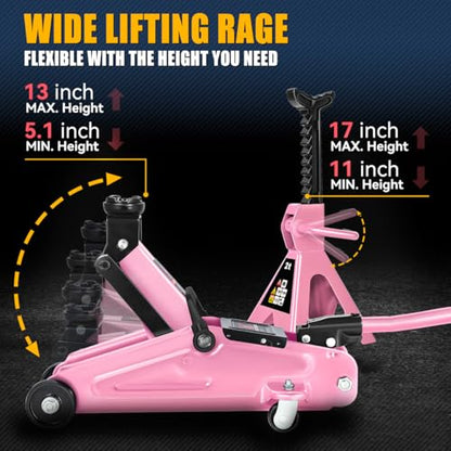 Auto Dynasty 2 Ton Floor Jack with Jack Stands, Heavy Duty Steel Hydraulic Racing Floor Jack with Single Piston Quick Lift Pump, Hydraulic Trolley Service Car Jack, Pink - color: Pink
