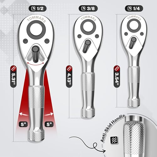 TOMMARS Stubby Ratchet Set 1/4" 3/8" 1/2" Drive Socket Wrench | Hand Tool for Mechanics, 72 Tooth 5-degree swing arc, Quick Release, Reversible - size: 1/4", 3/8", 1/2" Drive, style: Stubby Ratchet Set