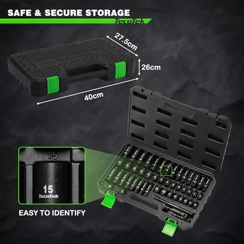 TecoTek 3/8" Drive Impact Socket Set, 49-Piece Standard SAE (5/16"-3/4") and Metric (8mm-22mm), 6 Point, Cr-V, Extension Bars, 1/2" F to 3/8" M Reducer, Universal Joint and Power Drill Adapter - size: 3/8" Drive 49pcs Impact Socket Set