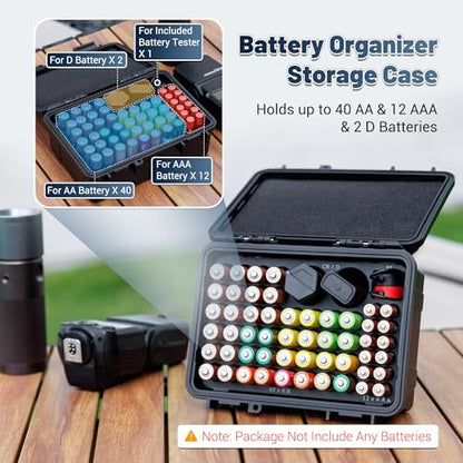 Hard Shell Battery Organizer Holder with Small Battery Tester, IP68 Waterproof Multi 82 Slots Batteries Vault Case for 40 AA & 12 AAA & 12 CR2032 CR2025 & 18 LR44 Button Cell/2 D Size Batteries Case - size: (1 PACK)Battery Organizer for AA AAA CR2032 & Mo