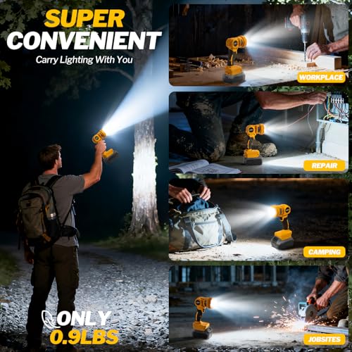 OCHESI Cordless LED Work Light Compatible with Dewalt 20V MAX Battery, 1000LM Handheld Flashlight with Two Levels and 140 Degree Rotating Wide-Angle Lighting for Workshop, Camping (No Battery)