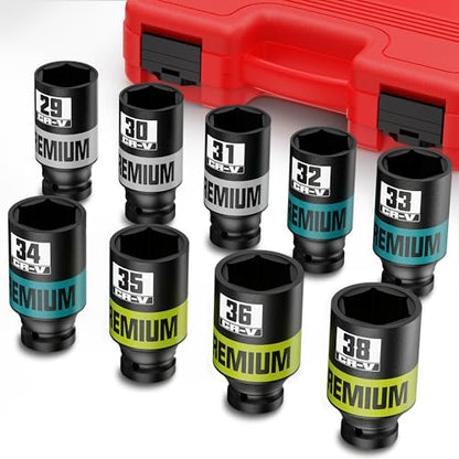 9 Piece 1/2" Drive Impact Socket Set, Metric Axle Nut Sockets, 29-38mm Thicker Jumbo Sockets, Socket Set, 6 Point, Cr-V Steel for Auto Repair - size: 1/2" 9pcs