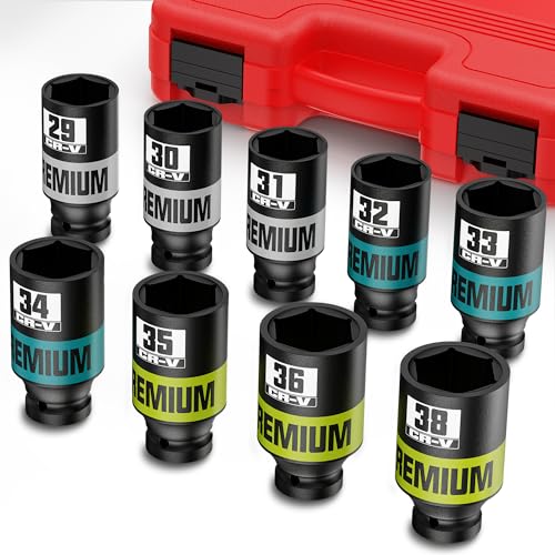 9 Piece 1/2" Drive Impact Socket Set, Metric Axle Nut Sockets, 29-38mm Thicker Jumbo Sockets, Socket Set, 6 Point, Cr-V Steel for Auto Repair - size: 1/2" 9pcs