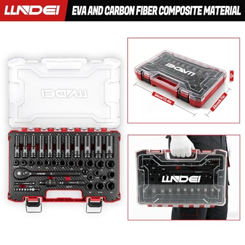 LLNDEI 3/8" Drive Impact Socket Set (Metric & Sae) 45Pcs | Transparent Case and EVA Foam Insert, Cr-V Material, Automotive Engine and Daily Home Repair, Engine Repair, Tire Changes