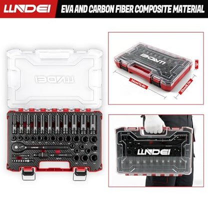 LLNDEI 3/8" Drive Impact Socket Set (Metric & Sae) 45Pcs | Transparent Case and EVA Foam Insert, Cr-V Material, Automotive Engine and Daily Home Repair, Engine Repair, Tire Changes