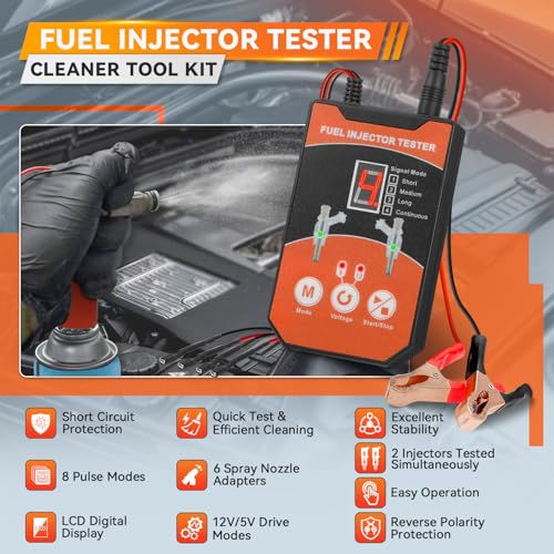 Universal Fuel Injector Tester Cleaner Tool Kit Automobile Fuel Injector Cleaner Kit, 8 Pulse Modes, 6 Size Cleaning Adapters, 12V/5V Output Power DIY Fuel Injector Tester Cleaner