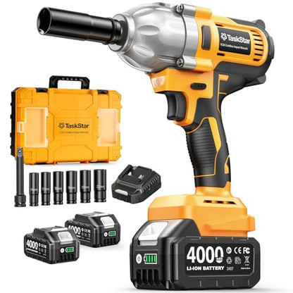 1/2" Cordless Impact Wrench, 1400N·m(1032ft・lbs) Brushless High Torque Impact Gun, Electric Impact Driver, 2x4.0Ah Batteries, LED Light, Charger, 6 Sockets, 3 Variable Speeds for Car/ Pickup/Mower - style: 2x4.0Ah Battery