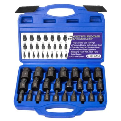 LLNDEI Screw Extractor Set Hex Head Multi-Spline Easy Out Bolt Extractor Set, EZ Out Rounded Screw Remover, 1/8 Inch to 7/8 Inch in 1/32-Inch Increments, CR-MO, 25 Pieces, Stripped Fastener Tool - size: Screw Extractor Set -25pcs