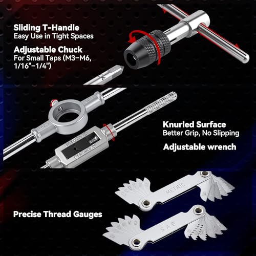 KOOPOOL Tap and Die Set, 80PCS SAE＆Metric Thread Repair Kit(Standard 80PCS) | Premium 52100 Bearing Steel Tap & Die Set, Internal External Thread Tool Kit for Automotive, DIY, Metal Repair (NC/NF/NPT)