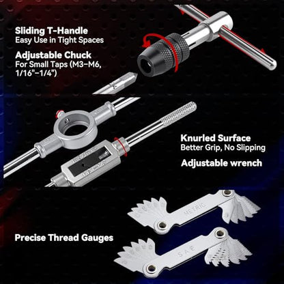 KOOPOOL Tap and Die Set, 80PCS SAE＆Metric Thread Repair Kit(Standard 80PCS) | Premium 52100 Bearing Steel Tap & Die Set, Internal External Thread Tool Kit for Automotive, DIY, Metal Repair (NC/NF/NPT)