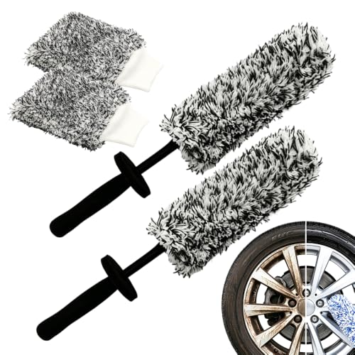 Wheel Barrel Cleaning Brush,2026 New Long Handle Microfiber Wheel Brush Car Duster,Lightweight Rim Detailing Tool for Narrow Spokes & Brake Calipers (Black Set/2 Set) - color: Black Set/2 Set
