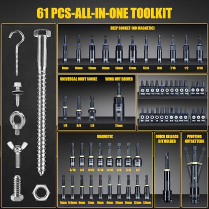 60pcs Magnetic Nut Driver Set for Impact Drills - Deep Nut Drivers, Metric & SAE Socket Adapters, Bit Extension, 1/4'' Quick Change, Wing Nut Driver, Pivoting Nutsetter, S2 Steel Bits, Upgraded Box - style: 60 piece