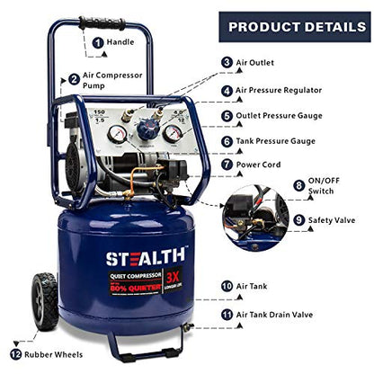 Stealth 12 Gallon Ultra Quiet Air Compressor, 1.5 HP Oil-Free Peak 150 PSI 68 Decibel,5 CFM @ 40 PSI 4 CFM @ 90 PSI Silent Portable Long Life Electric Air Compressor W/Wheel for Garage - style: Manual