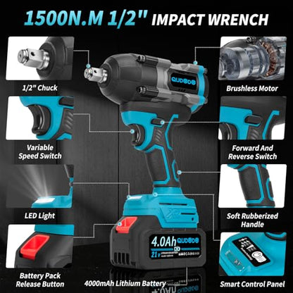 1500N.m Cordless Impact Wrench,1/2 Inch 3 Speed Premium High Torque Impact Gun with 2 x 4.0Ah Battery, LED Work Light, Wireless Power Pistola Llave De Impacto with 5 Sockets for Car Truck Mower