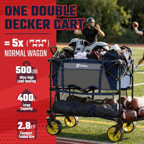 Sekey 500LBS Heavy Duty Double Decker Wagon with Extender, 400L Large Capacity Collapsible Garden Cart Fits 10x10 Canopy, All-Terrain Big Wheels with Brakes, Foldable Utility Wagon for Sports, Camping - color: Navy Blue