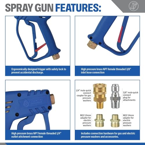 Essential Washer Short Pressure Washer Gun with Brass Quick Connect & M22 Adaptors Compatible with Foam Cannon | High Pressure Water 4000 PSI - style: Brass Non Swivel Gun