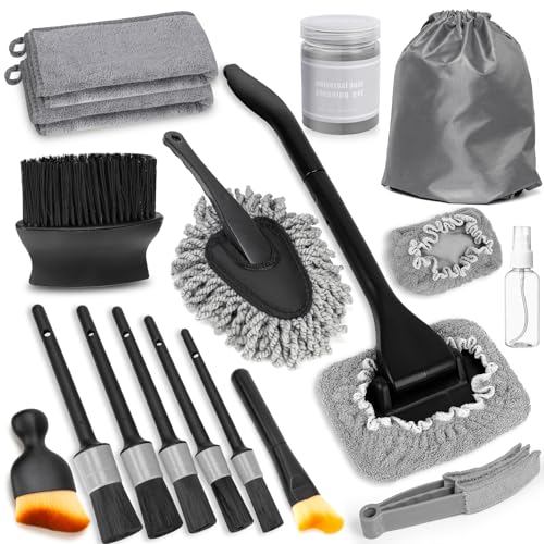 Windshield Cleaner Tool, 18Pcs Car Interior Detailing Brush Set, Inside Windshield Cleaning Kit with 200g Cleaning Gel, Duster Brush, 2 Microfiber Pads, Car Detailing Supplies for Men (Gray) - size: 18PCS