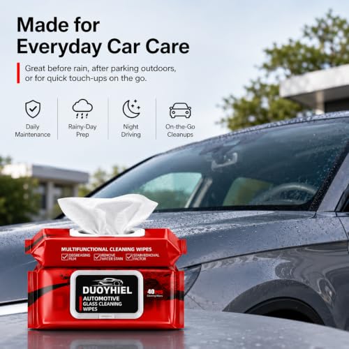 Car Glass Cleaning Wipes, 40 PCS Automotive Windshield Oil Film Remover Wipes for Car Windows, Mirrors & Windshield, Disposable Auto Glass Cleaner Wipes for Haze, Smudges, Water Spots, Dirt & Residue