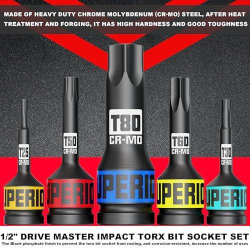 10 Piece 1/2" Drive Impact Torx Bit Socket Set, T25 - T80, Impact Star Bit Socket Set, CR-MO Steel, Automotive Machinery Repair Bicycle Servicing and Furniture Assembly - size: 1/2” Torx