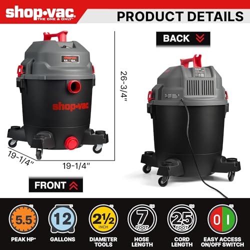 Shop-Vac 5430098 Ultra Quiet Wet/Dry Vacuum, 12 Gallon, 5.5 HP Powerful Suction & Heavy Duty for Jobsite, Garage, Workshop & Home