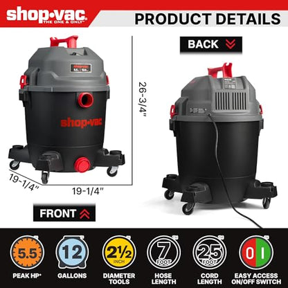 Shop-Vac 5430098 Ultra Quiet Wet/Dry Vacuum, 12 Gallon, 5.5 HP Powerful Suction & Heavy Duty for Jobsite, Garage, Workshop & Home