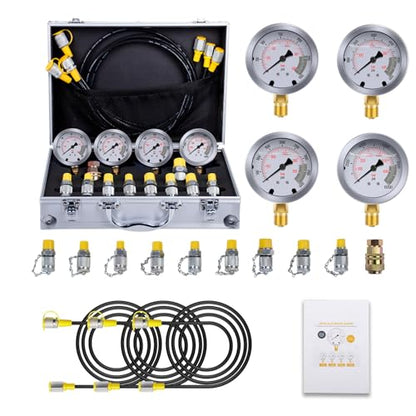 Hydraulic Pressure Test Kit with 4 Gauges (Max 10,000 PSI), 10 Test Couplings, 3 Test Hoses, Hydraulic Gauge Tester Set for Excavators, Construction Machinery, and Mining. - style: 4 Gauge Test Kit