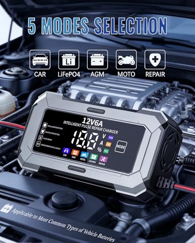 Car Battery Charger Automatic Trickle Charger and Battery Maintainer with Pulse Repair Digital Display Trickle Charger for Car Battery 12V6A Auto Battery Charger for AGM Motorcycle LiFePO4 Batteries - color: Gray