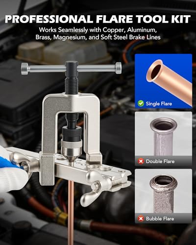 OMT Single Flaring Tool & Swaging Tool Kit for HVAC Tubing, 1/8"-3/4" | 45-degree single flares, tube cutter, ratchet wrench, 5 swaging adapters, zinc-plated steel, for copper aluminum soft metals
