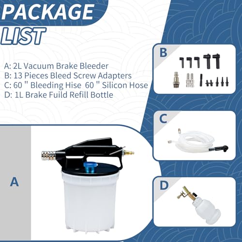 Vacuum Brake Bleeder Kit with 2L Brake Fluid Extractor 1L Refilling Bottle & Adapters Pneumatic Bleeder Tool