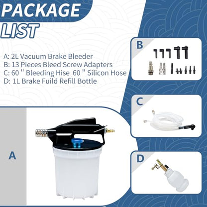 Vacuum Brake Bleeder Kit with 2L Brake Fluid Extractor 1L Refilling Bottle & Adapters Pneumatic Bleeder Tool