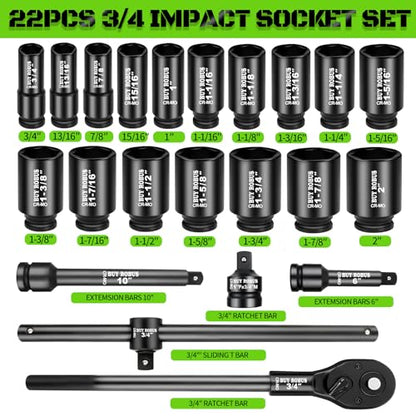22 PCS 3/4" Impact Socket Set, Drive Deep 6 Point Socket Set, Including Long Sockets, 3/4" Impact Extension Bar and Drill Socket Adapter, Cr-MO - color: 22pcs 3/4" Sae