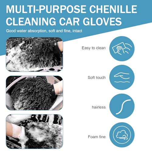 2 PCS Car Wash Mitt, Microfiber Chenille Double Sided Car Wash Gloves, Scratch-Free & Lint-Free Elastic Cuff Cleaning Gloves Kits, Clean Accessories for Cars Trucks and Household (Black)