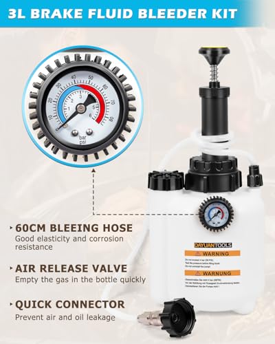 DAYUAN 3L Hand Brake Fluid Bleeder Bleeding One Man Tool Kit | Fits Most European Models, Quick Release & Locking Chuck, E20 Adapter, 3L Pressure Tank, 1L Suction Tank