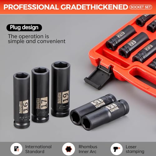 16PCS Impact Socket Set 1/2"Drive,Metric Sizes (10 to 32 mm),Allen Socket Set,Deep CO-MO Meterial Socket Set,Sleek Socket With Premium Red Organizer - size: 1/2 Metric 16Piece