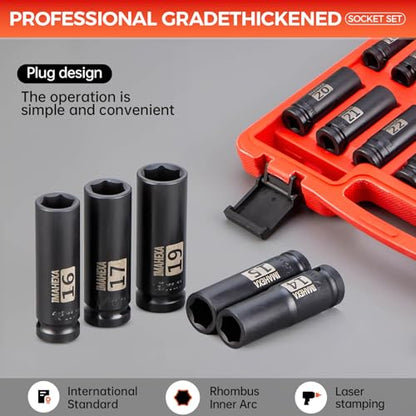 16PCS Impact Socket Set 1/2"Drive,Metric Sizes (10 to 32 mm),Allen Socket Set,Deep CO-MO Meterial Socket Set,Sleek Socket With Premium Red Organizer - size: 1/2 Metric 16Piece