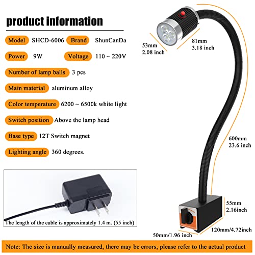 12T Magnetic Work Light, Led Machine Light, 23inFlexible Gooseneck lamp with Strong Magnetic Basefor Lathe Milling Drill Press Industrial Lighting 120V - color: 12T StrongMagnetic Base,9W, 23.6"