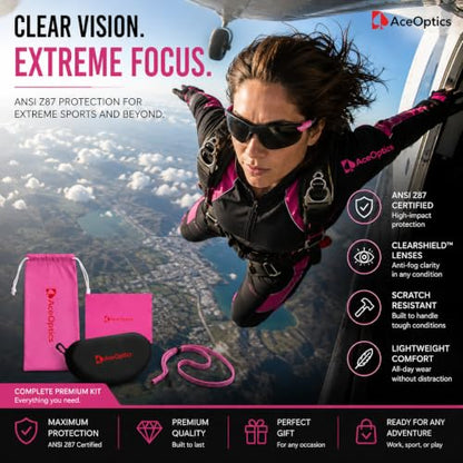 Safety Glasses – ANSI Z87 Certified, 5X Anti-Fog ClearShield™ Lenses with Premium Hard Case & Accessory Bundle - color: Pink & White / Tinted