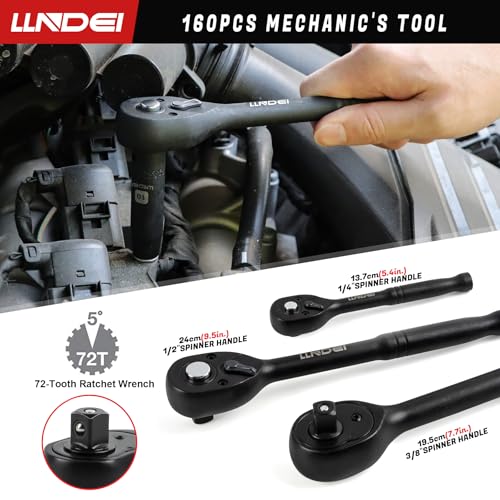 LLNDEI 160Pc Mechanics Socket Set 1/2 1/4 3/8" Drive Metric | CR-V Deep & Shallow Sockets, Metric, Quick Release Ratchet, Professional Tool Kit for Auto Repair, Truck, Garage & Home DIY - size: 160-Piece 1/2" & 3/8" & 1/4" Drive Socket Set