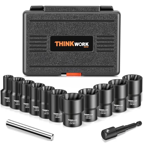 13-Piece Lug Nut Removal Tool, 1/2" Drive Wheel Lock Removal Kit | for Damaged, Rusted, Rounded-Off, Stripped Fasteners, 10-27mm, Cr-Mo, Reverse Spiral Flute, Black Oxide Coating, Storage Case - size: 13-piece