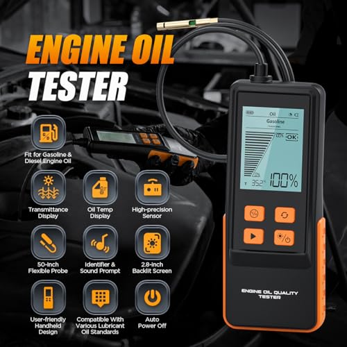 Engine Oil Tester Gasoline & Diesel Engine Oil Quality Tester Detector Analysis Kit High-Precision Car Oil Diagnostic Tool with 50inch Flexible Probe, Identifier & Sound Prompt, 2.8in Backlit Display - color: Orange