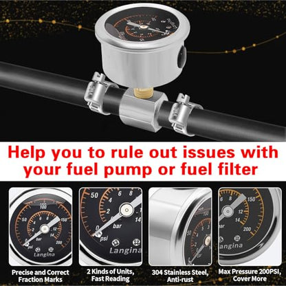 200psi Fuel Pressure Gauge Kit,3/8 "to 5/16" Dual Size Barb Fittings