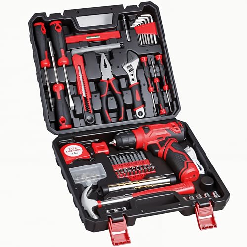 Tool Set - 8V Cordless Drill Set, 132 Piece Home Tool Set With Hand Drill, Tool Kit for Women & Men, Perfect for Homeowner, Diyer, Handyman - color: Red