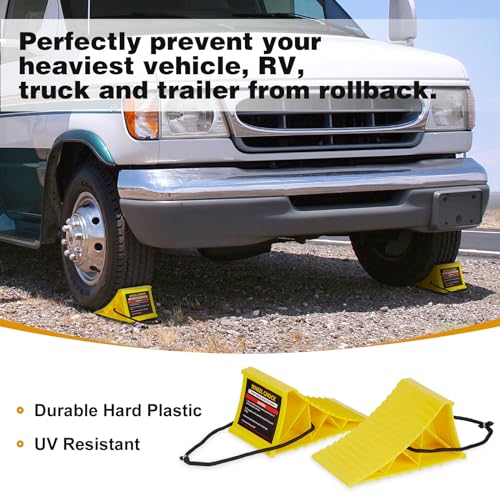 PAHTTO Wheel Chocks, 4Pack Heavy Duty Wheel Chocks with Rope for Easy Removal, Durable, Non-Slip, Hard Plastic Wheel Chocks for, RV, Camper, Effective in Keeping Your Vehicle in Place, Yellow - color: Yellow