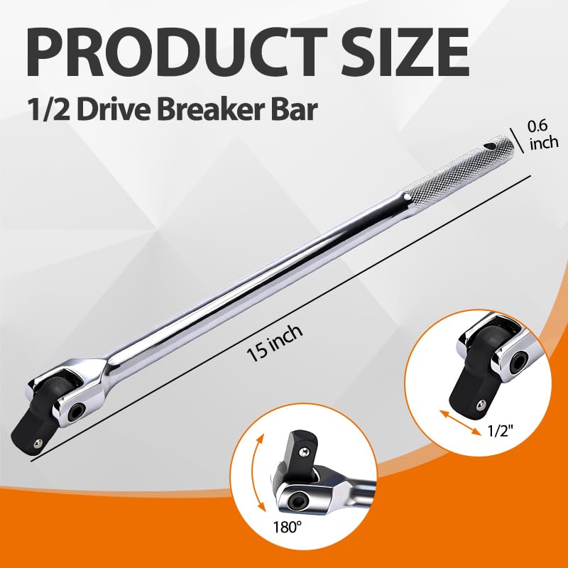 15-inch Dual Drive Breaker Bar, Heavy Duty Breaker Bars, 1/2 drive Flex Handle with 180° Rotatable Head - size: 15 inch