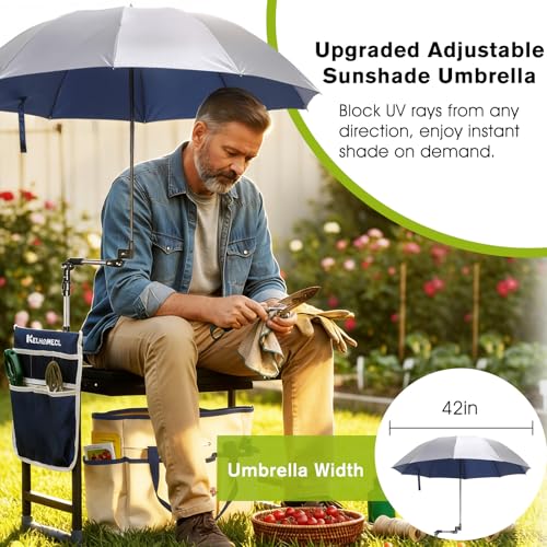 Garden Kneeler and Seat with Umbrella, 2-in-1 Foldable Gardening Stool with Adjustable Bracket, Detachable Tool Bags, Heavy Duty Kneeling Pad for Gardening (Beige Blue) - color: Beige & Blue