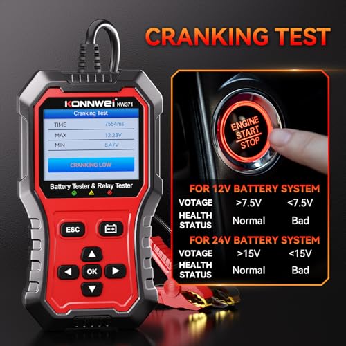 KONNWEI KW371 Battery Tester & Relay Tester | Tests 6V/12V/24V car batteries (AGM/GEL/EFB/Lithium) & 4/5-pin automotive relays. Checks CCA, charging & starting system. - size: 8.27*6*2.36 inch