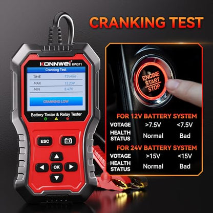 KONNWEI KW371 Battery Tester & Relay Tester | Tests 6V/12V/24V car batteries (AGM/GEL/EFB/Lithium) & 4/5-pin automotive relays. Checks CCA, charging & starting system. - size: 8.27*6*2.36 inch