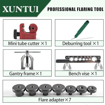 Brake Line Flaring Tool Kit, 3/16"-5/8" Double & Single | 7 Adapters, Red Storage Case, for Copper & Aluminum Brake, Fuel and Soft Metal Tubing