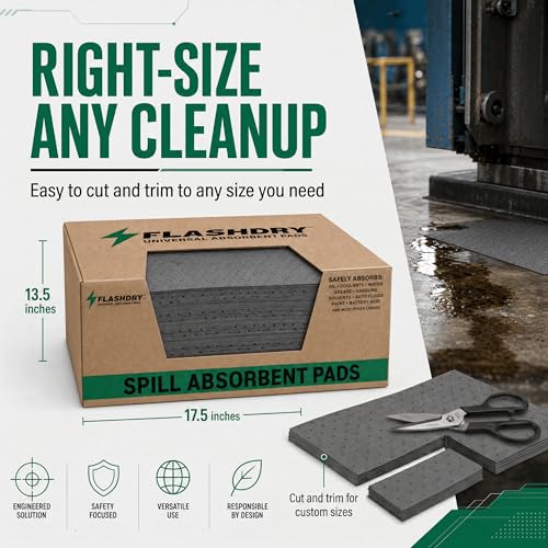 FLASHDRY Universal Spill Absorbent Pads, 17.5" x 13.5", 100-Count | Absorbs Oil, Grease, Coolant & Solvents, for Garages, Warehouses, Factories & Industrial Facilities, Comes in Dispener Box - size: 100 Pads - 2mm